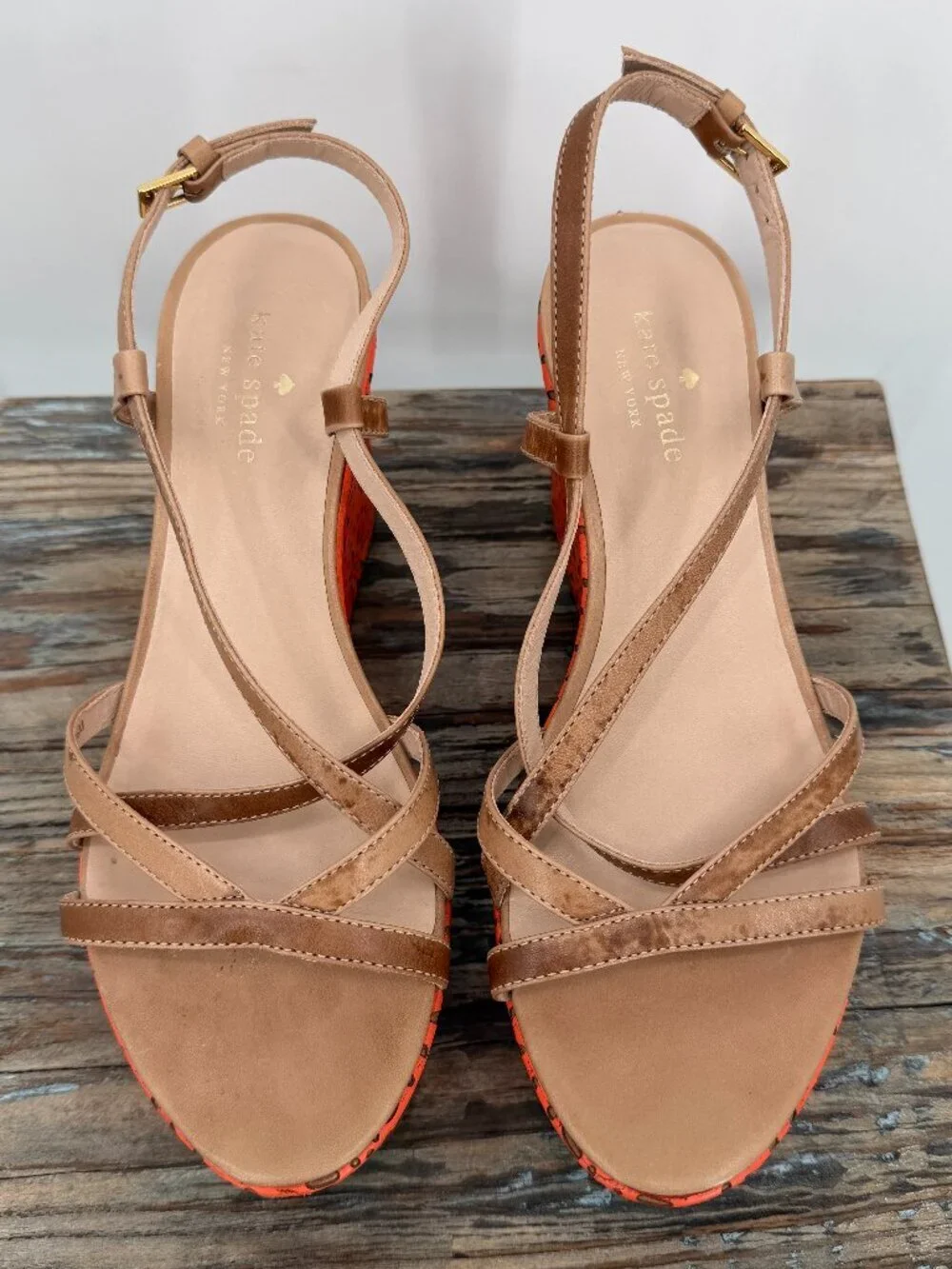 Kate Spade New York Womens 7.5 Leather Strappy Wedge Sandals Orange Cutout